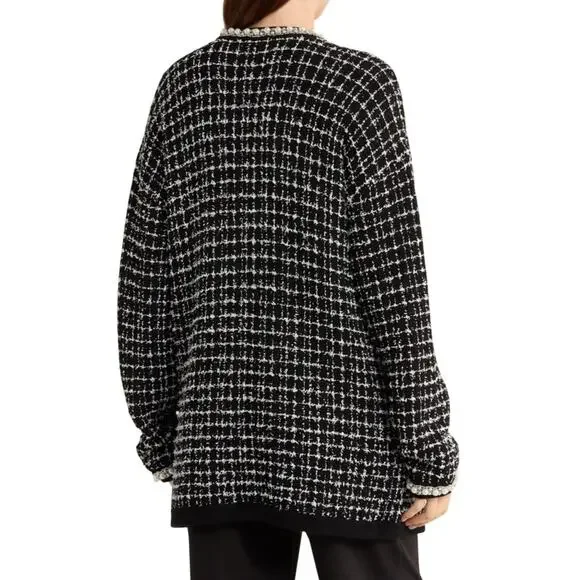 Alice + Olivia Bradford Beaded Open Front Cardigan, Tweed Embellished, Large NWT